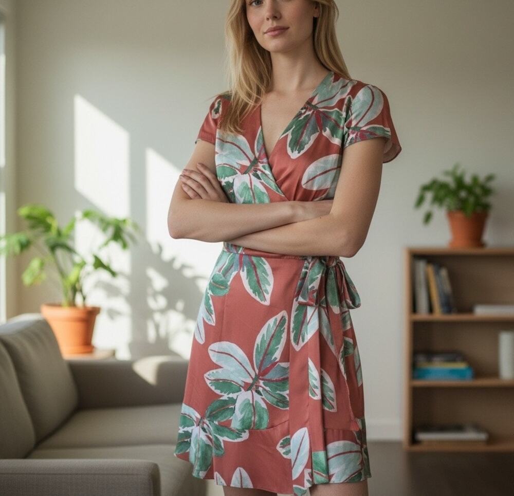 Hutch Satin Floral Mini Wrap Dress SMALL Business Casual Orange Designer $320
